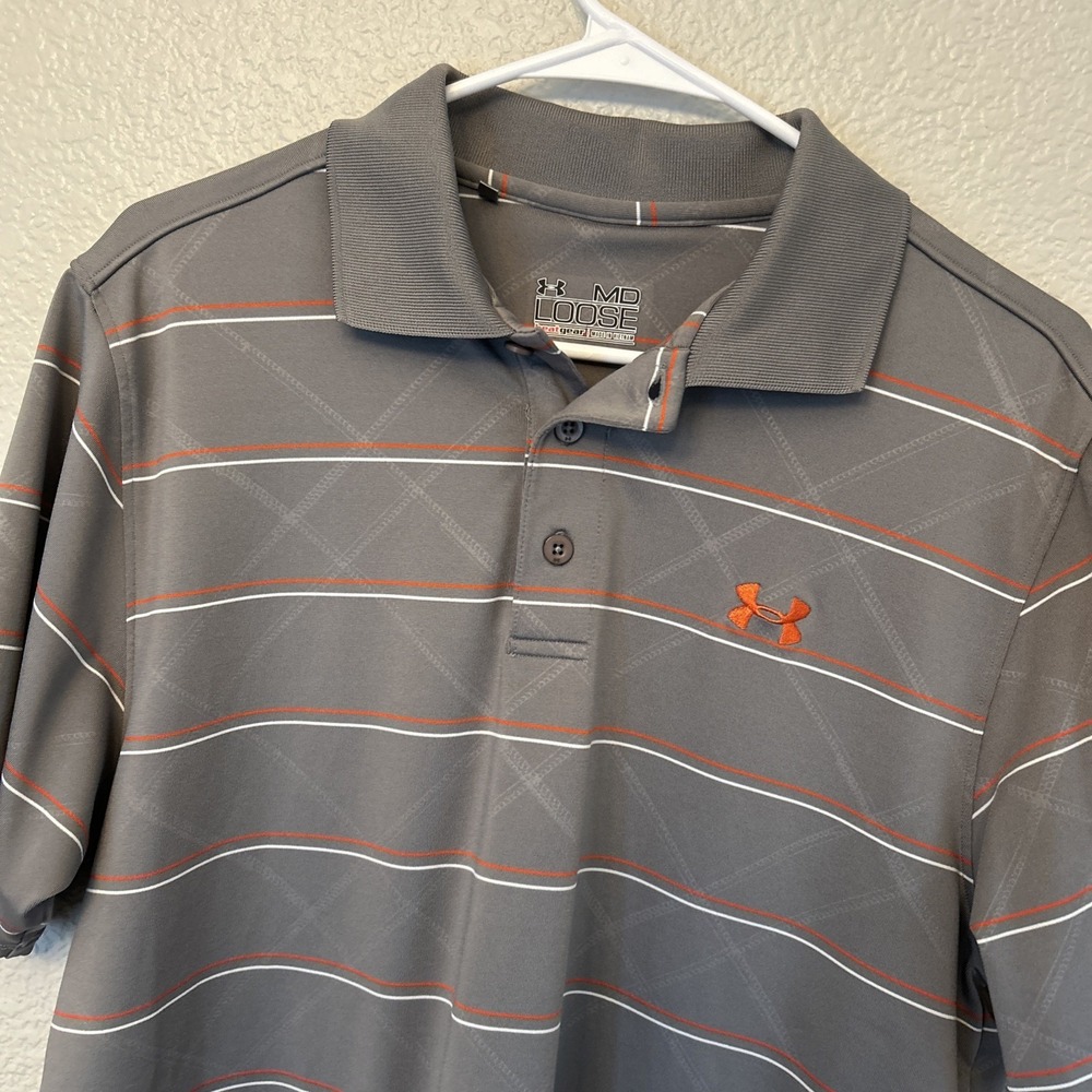 Under Armour Polo Shirt Mens Medium Gray Striped Short Sleeve Heat Gear Golf